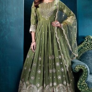 Punjabi Pakistani dress Olive Embroidered Maxi Dress